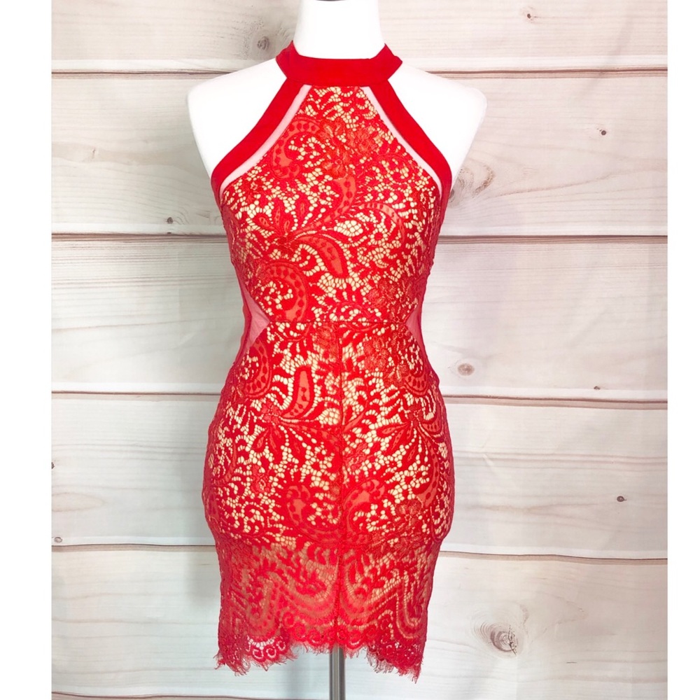 Luxxel Red Lace Halter Dress Sheer Mesh Cutouts